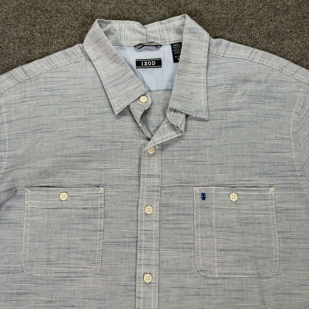 IZOD Mens XL Blue White Micro Stripe Short Sleeve Button Down Shirt #4165